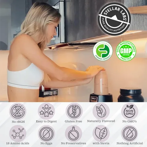 Miniatura 3 de Stellar Labs Proteína de suero en polvo con BCAA y aislado de suero Certificado bajo en FODMAP, sin OMG, sin gluten, sin soja, bajo