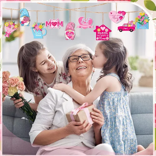 Miniatura 4 de Patelai 36 Piezas Adornos del Día de la Madre para Árbol Gnomo Rosa Floral Flores Mejor Mamá Amo a Mamá Letrero de Madera Decoraciones de Árbol