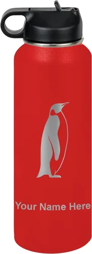 Miniatura 8 de LaserGram Botella de agua personalizada, pingüino, acero inoxidable de doble pared aislada al vacío con popote superior, regalo grabado