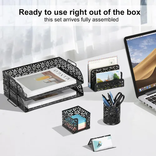 Miniatura 4 de EasyPAG Set organizador de escritorio 5 en 1 – Incluye 2 Charolas tamaño papel Carta, Clasificador de cartas, soporte de bolígrafos, recipiente