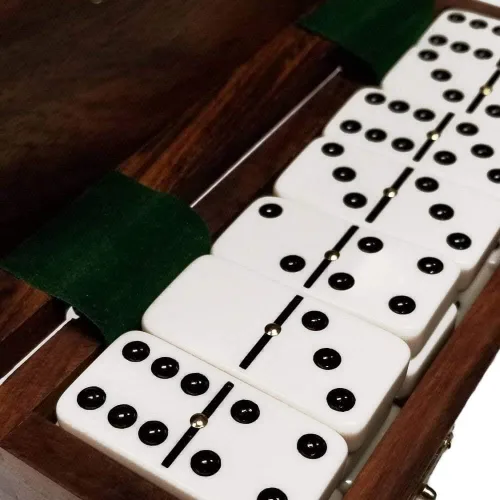 Marion Domino Double Six White Jumbo Torneo Tamaño Profesional con Spinners en caja de madera Sheesham de cola de milano. Blanco