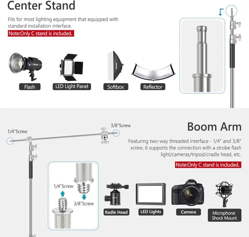 Miniatura 5 de NEEWER Pro Soporte en C de 100% metal con ruedas, soporte de luz con altura máxima de 330 cm/10.8 pies, soporte de reflector ajustable con brazo