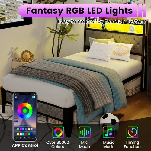 Miniatura 4 de Winkalon Base de cama LED individual con cabecero, base de cama con estación de carga, marco de cama de plataforma de metal, tamaño individual,