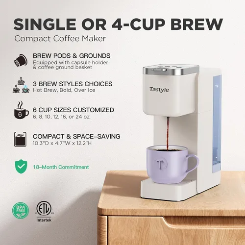 Miniatura 2 de Tastyle Cafetera de Una Sola Porción, Máquina de Café Helado y Caliente para Cápsulas K y Café Molido, Diseño Compacto, Depósito de Agua Extraíble