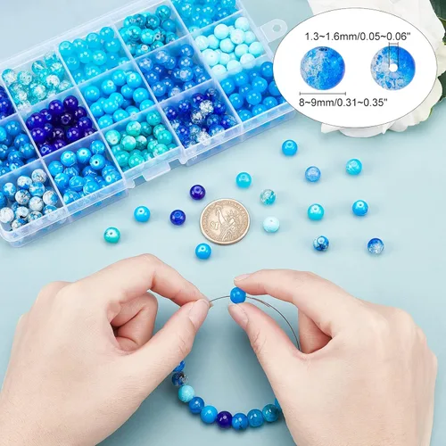 Miniatura 3 de PH PandaHall 450 cuentas de vidrio azul de 0.315 pulgadas, 15 estilos de cuentas de vidrio agrietadas de color azul marino, cuentas redondas sueltas