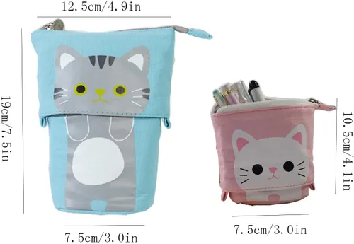 Miniatura 3 de iSuperb - Portalápices convertible para soporte y almacenamiento, de lona y poliuretano, con caricatura de gato adorable; cartuchera telescópica