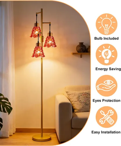 Miniatura 5 de Lámpara de pie moderna de cristal de 3 luces, lámpara alta de pie dorada con pantalla de vidrio de piña roja profunda, lámpara de pie LED regulable