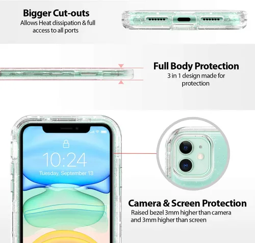 Miniatura 3 de Funda protectora completa con purpurina cristalina para iPhone 11 híbrido 3 en 1, resistente a prueba de golpes, para mujeres y niñas, transparente