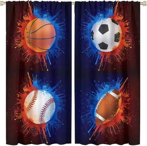 Miniatura 31 de Cortinas deportivas de baloncesto para niños, patrón de llama de bola 3D naranja, 42 pulgadas de ancho x 45 pulgadas de largo