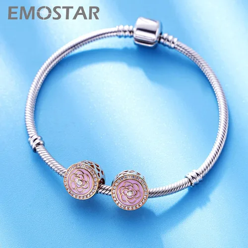 Miniatura 3 de Los dijes de flores y trébol se adaptan a la pulsera europea Valentiens, dije de flor de magnolia de oro rosa, trébol, copo de nieve brillante