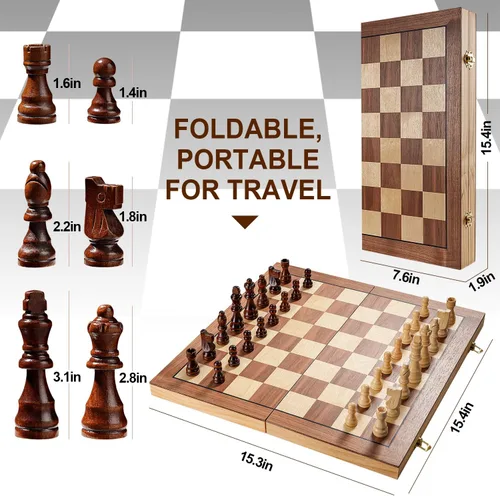 Miniatura 3 de Juego de tablero de ajedrez magnético para adultos y niños, tableros de ajedrez plegables de madera de 15 pulgadas, juego de ajedrez de viaje