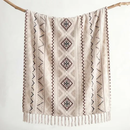 Miniatura 2 de CASAAGUSTO Manta Boho - Mantas Decorativas Beige y Gris con Borla, Manta Bohemia de Franela Estampada para Silla, Cama, Sofá, Sillón