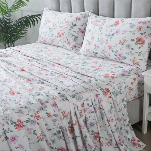 Miniatura 16 de FADFAY Juego de sábanas tamaño King, 100% algodón, elegante ropa de cama de granja con hojas verdes menta y flores blancas, sábana suave