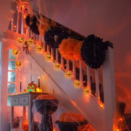 Miniatura 7 de Luces de calabaza de Halloween para exteriores, 2.6 m enchufables, luces de cadena naranjas para decoración de Halloween con 10 luces LED de Jack O