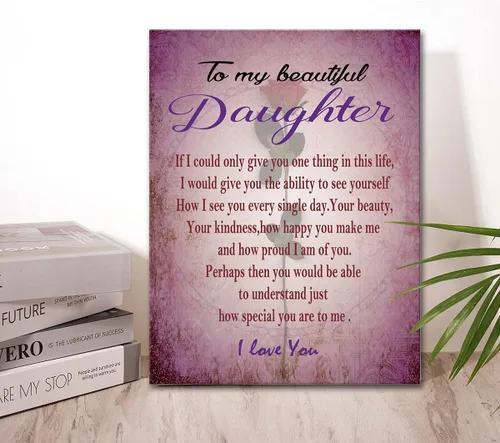Miniatura 5 de Wailozco Lienzo colgante con texto en inglés "To My Beautiful Daughter", arte de pared enmarcado para decoración de pared de habitación de hija
