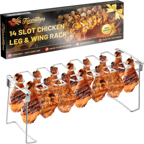 Triceratops Estante para patas y alas de pollo, 14 ranuras para baquetas de pollo para barbacoa, soporte de acero inoxidable para ahumador, horno,