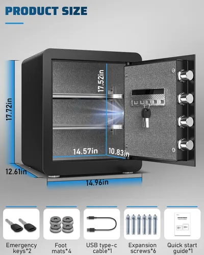 Miniatura 3 de Kavey 2.0 Caja de Seguridad Biométrica con Lector de Huellas Dactilar, Caja de Seguridad para el Hogar con Sistema de Alarma Dual, Caja de Seguridad