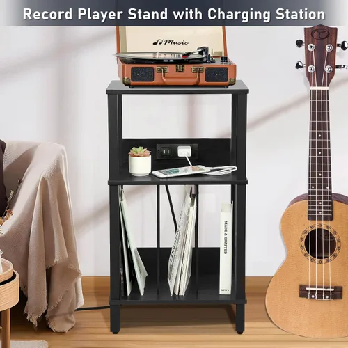 Miniatura 5 de Soporte para tocadiscos con estación de carga, estante de almacenamiento de vinilo de 3 niveles con capacidad para más de 100 álbumes, mesa auxiliar