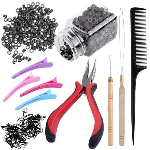 Miniatura 10 de Duufin Kit de extensiones de cabello, 500 piezas de cuentas de micro anillo marrón, 1 alicates de microcuentas, 2 ganchos, aguja de tracción, 4