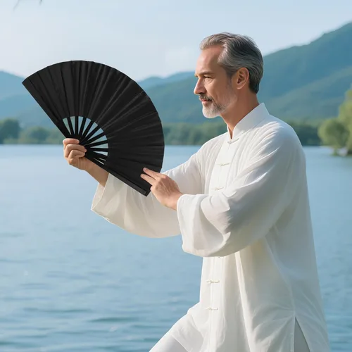 Miniatura 5 de 10 abanicos grandes de Kung Fu chino, ventiladores plegables para fiesta de Halloween, ventilador de mano chino japonés de bambú para festivales