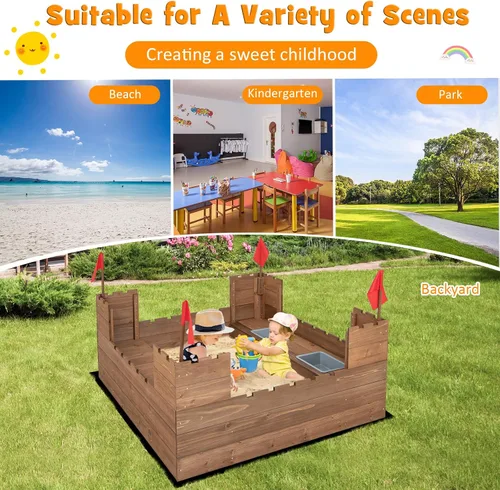 Miniatura 6 de Costzon Caja de arena para niños, pozo de arena de madera de cedro de 45 x 45 pulgadas con asientos de banco integrados, cajas de almacenamiento