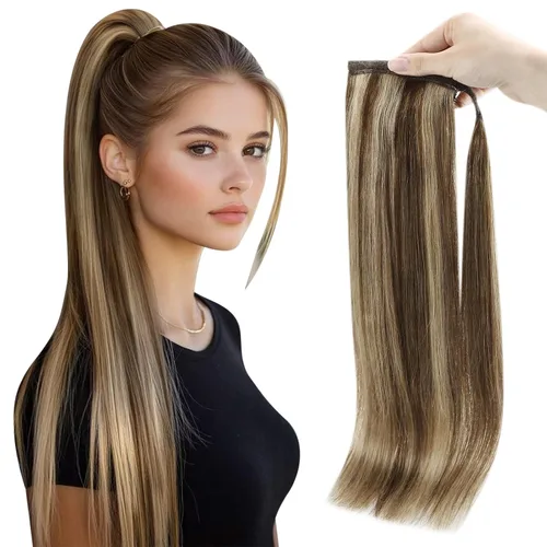 Miniatura 22 de Full Shine - Extensión de cola de caballo con clip, color marrón oscuro con mechas rubio miel, extensión de cabello humano real para mujeres, 14