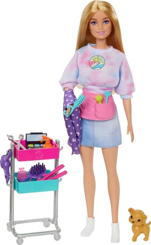 Muñeca Barbie Estilista y 14 Accesorios, Muñeca Rubia "Malibu" de Barbie con Carro, Bata, Paleta de Maquillaje, Cachorro y Más