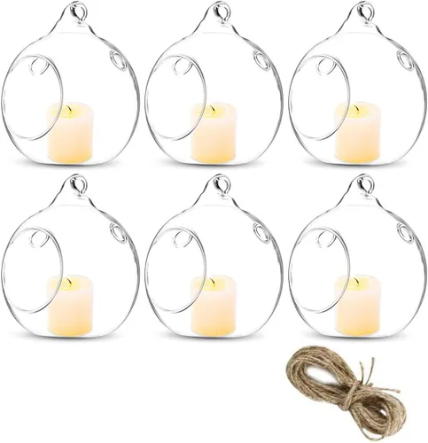Maceta de cristal colgante de 3 pulgadas, portavelas redondo, suculentas, decoración de terrario, suculentas, Tillandsia, plantas de aire, 6 paquetes