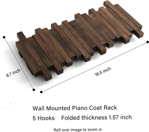 Miniatura 5 de Perchero de madera natural para piano de pared Perchero de pared Perchero de pared abatible con 5 ganchos Perchero de entrada, hecho de madera