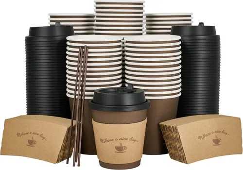 Miniatura 10 de LITOPAK Paquete de 100 tazas de café de papel de 12 onzas con tapas, fundas y palitos de agitación para café, agua o jugo, tazas de papel 12 oz