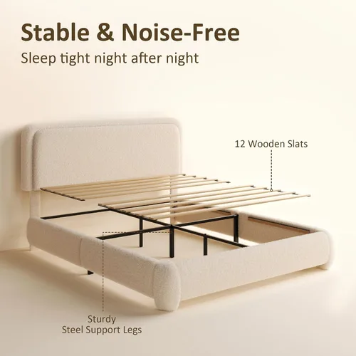 Miniatura 8 de Base de cama tamaño Queen, marco de cama de terciopelo Teddy Boucle con cabecera tapizada ajustable de 43.3"/45.3", esquinas redondeadas, base