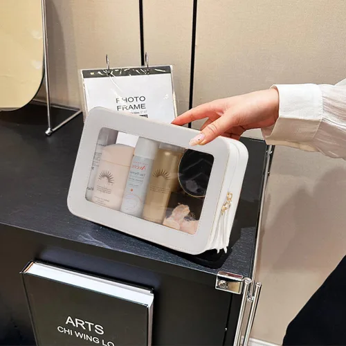 Miniatura 3 de Bolsa de maquillaje transparente pequeña, aprobada por la TSA, bolsa de aseo portátil con cremallera, bolsa de viaje para cosméticos, estuche Blanco