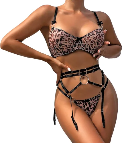 Conjunto de lencería de liguero de leopardo para mujer, conjunto de brasier y braga sexy con liguero, 3 piezas