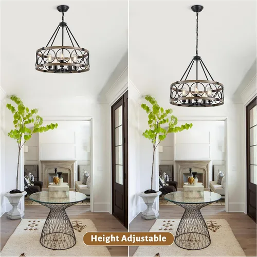 Miniatura 6 de Candelabro de Granja para Comedor de 5 Luces Negro Rústico de Tambor Candelabros de 20" Textura de Madera Lámpara Colgante Ajustable para Isla