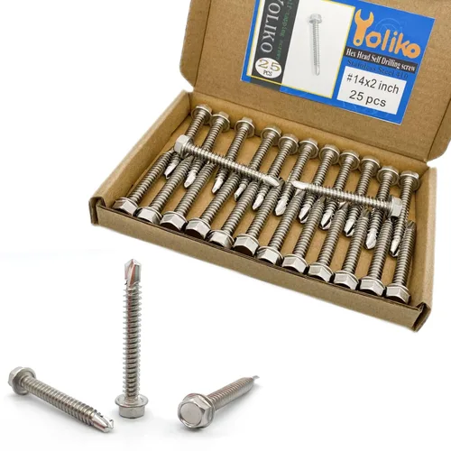 Miniatura 13 de Tornillos autoperforantes con cabeza hexagonal de arandela #14 x 3 (1 a 3 pulgadas), acero inoxidable 410, tornillos Tek de chapa autorroscantes, 25