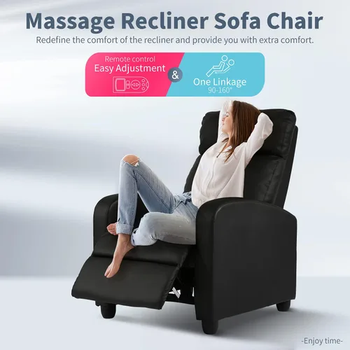 Miniatura 6 de HCY Silla reclinable de masaje acolchada con asiento ancho, sofá individual con reposapiés, piel sintética para sala de estar, cine en casa (negro)