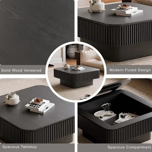 Miniatura 4 de Mesa de café cuadrada pequeña con almacenamiento, mesa de café moderna de madera con chapa de madera maciza, mesa central estriada