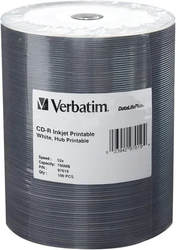 Miniatura 10 de Verbatim CD-R 700MB 52X DataLifePlus White Inkjet imprimible, Hub imprimible - 50pk Husillo - 94755