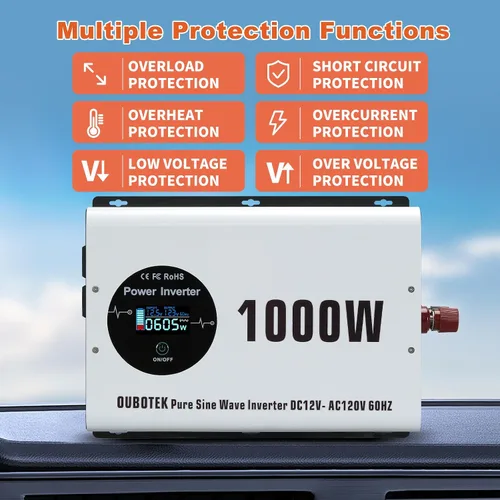 Miniatura 7 de Inversor de Potencia de 1000 Vatios Potencia Pico 2000W Onda Sinusoidal Pura 12V DC a 120V AC Convertidor RV con Control Remoto Inalámbrico Pantalla