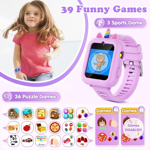 Miniatura 5 de Reloj Inteligente para Niñas Regalo de 3-12 Años con 39 Juegos Despertador Cámara Video Reproductor de Música Podómetro Linterna 12/24 hr Pantalla