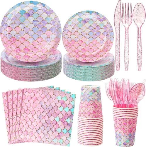 SiliFine 336 piezas de decoración de fiesta de cumpleaños de sirena, suministros de platos de papel de sirena y servilletas, vasos de papel,