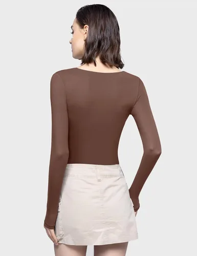 Miniatura 22 de PUMIEY Body sexy de manga larga con cuello cuadrado para mujer, colección Smoke Cloud