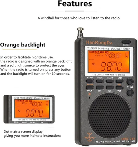 Miniatura 2 de HRD-747 SSB Radio de onda corta FM MW SW CB AIR VHF UHF UBD WX Receptor de frecuencia ancha con alerta NOAA y temporizador de sueño, radios