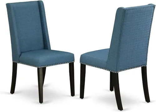 East West Furniture FLP1T21 Florence Parson Sillas – Juego de 2 sillas de comedor tapizadas de tela de lino azul con ribete de clavo, color negro