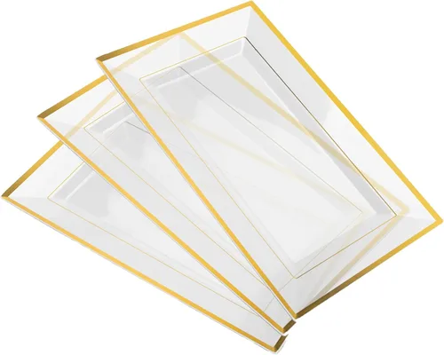 Miniatura 9 de Elegante juego de bandejas y platos de plástico (6 unidades) - Bandejas y platos desechables con borde blanco y dorado para alimentos - Bodas
