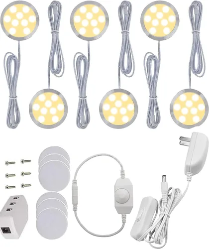Cefrank Juego de 6 luces LED regulables, juego de 6 luces blancas cálidas para debajo del gabinete con interruptor de atenuación giratorio, total de