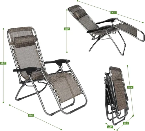 Miniatura 2 de Juego de 2 sillas ajustables de gravedad cero, Textilene plegable para exteriores con almohada extraíble, reclinables portátiles y livianas para Gris