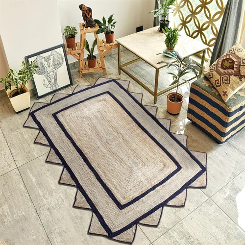 Miniatura 2 de Alfombra de borde festoneado, alfombra tejida a mano de yute natural, 2 x 3 pies, color beige y negro, alfombra de sisal trenzada Kilim para sala
