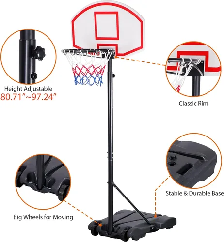 Miniatura 5 de JupiterForce Aro de baloncesto para niños, portería de baloncesto portátil de altura ajustable de 5.5 a 7 pies con tablero y ruedas de 28 pulgadas