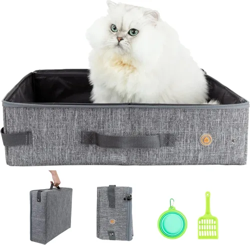 Miniatura 14 de Arenero portátil de viaje para gatos con tapa para contener arena y olor. Fácil de transportar, limpiar y almacenar. Ideal para viajes en auto, Negro